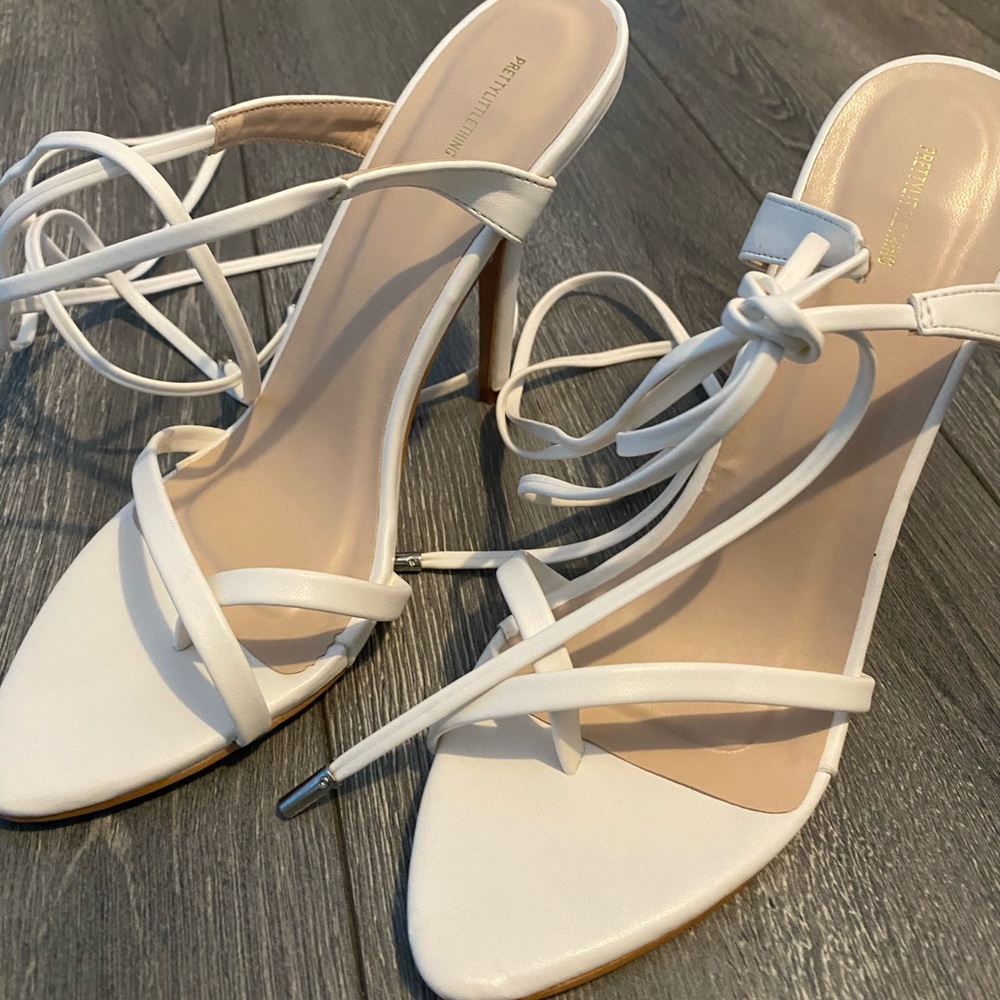 White Mid Ankle Tie Heels